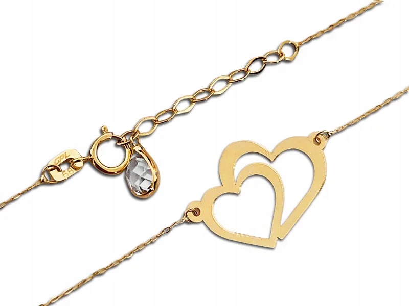 Náhrdelník ze zlata 585, dvě spojená srdíčka, hladká destička, celebrita 14