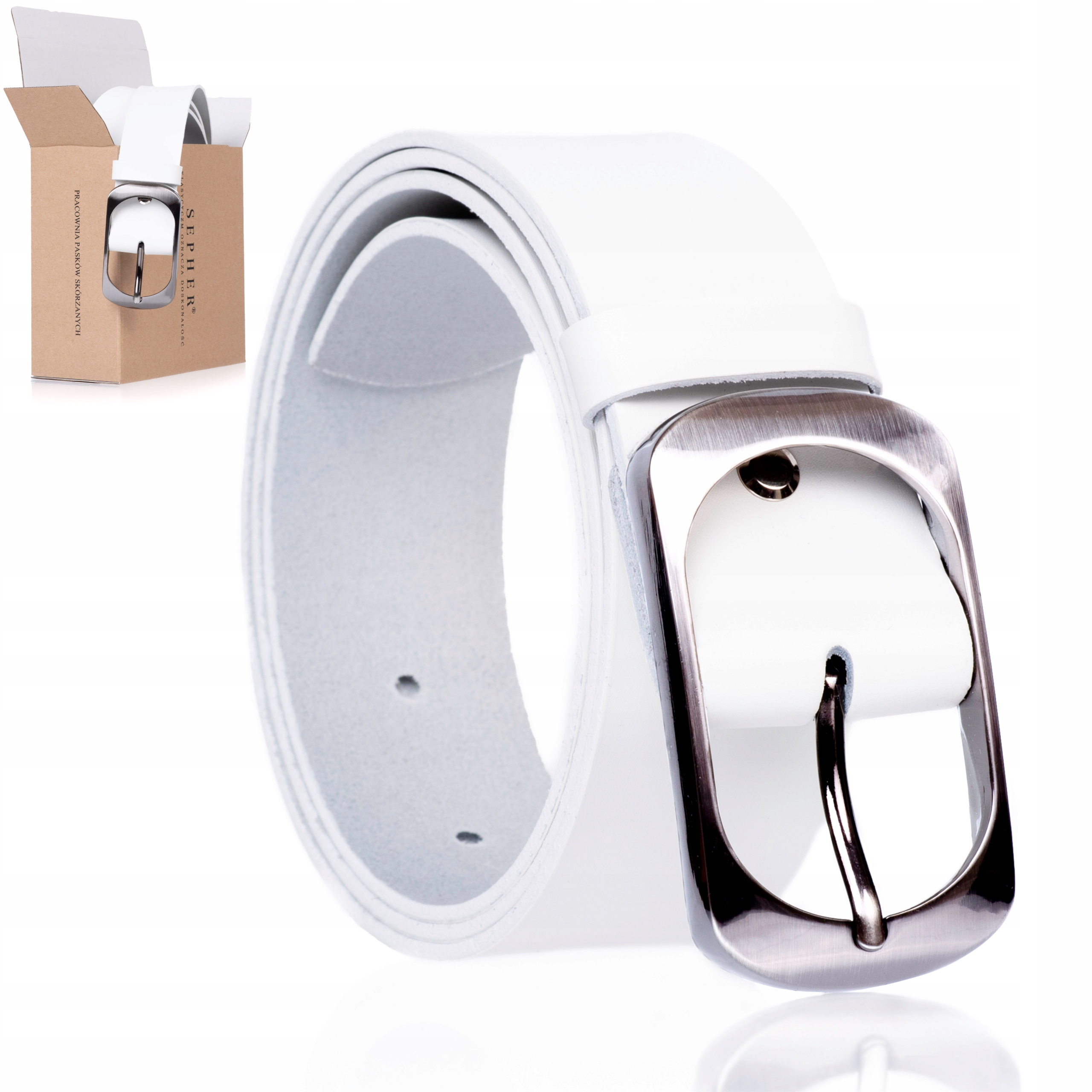 

Pasek Skórzany Sepher do spodni Biały szeroki 4cm