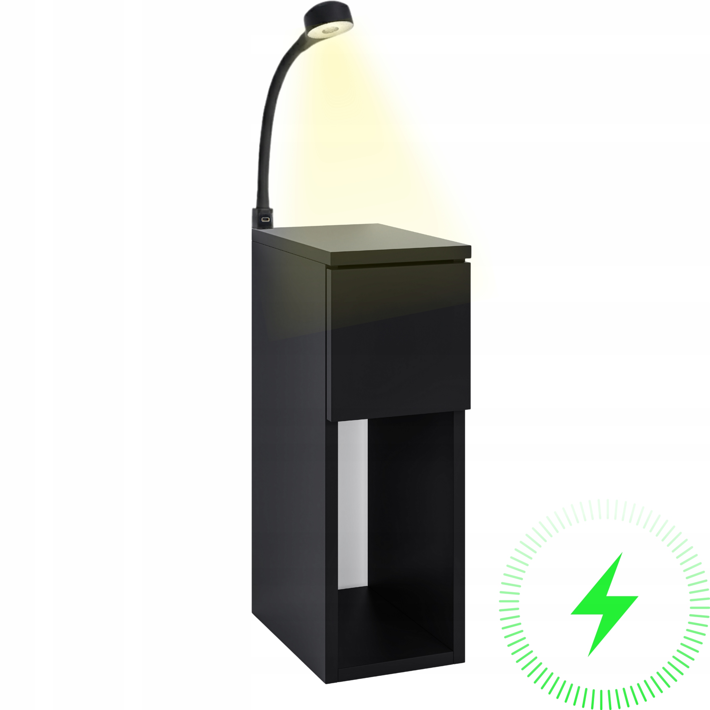 Noční Stolek Loftová Černá 20x30 CM Se Zásuvkou A Policí S Lampičkou A Nabíječkou