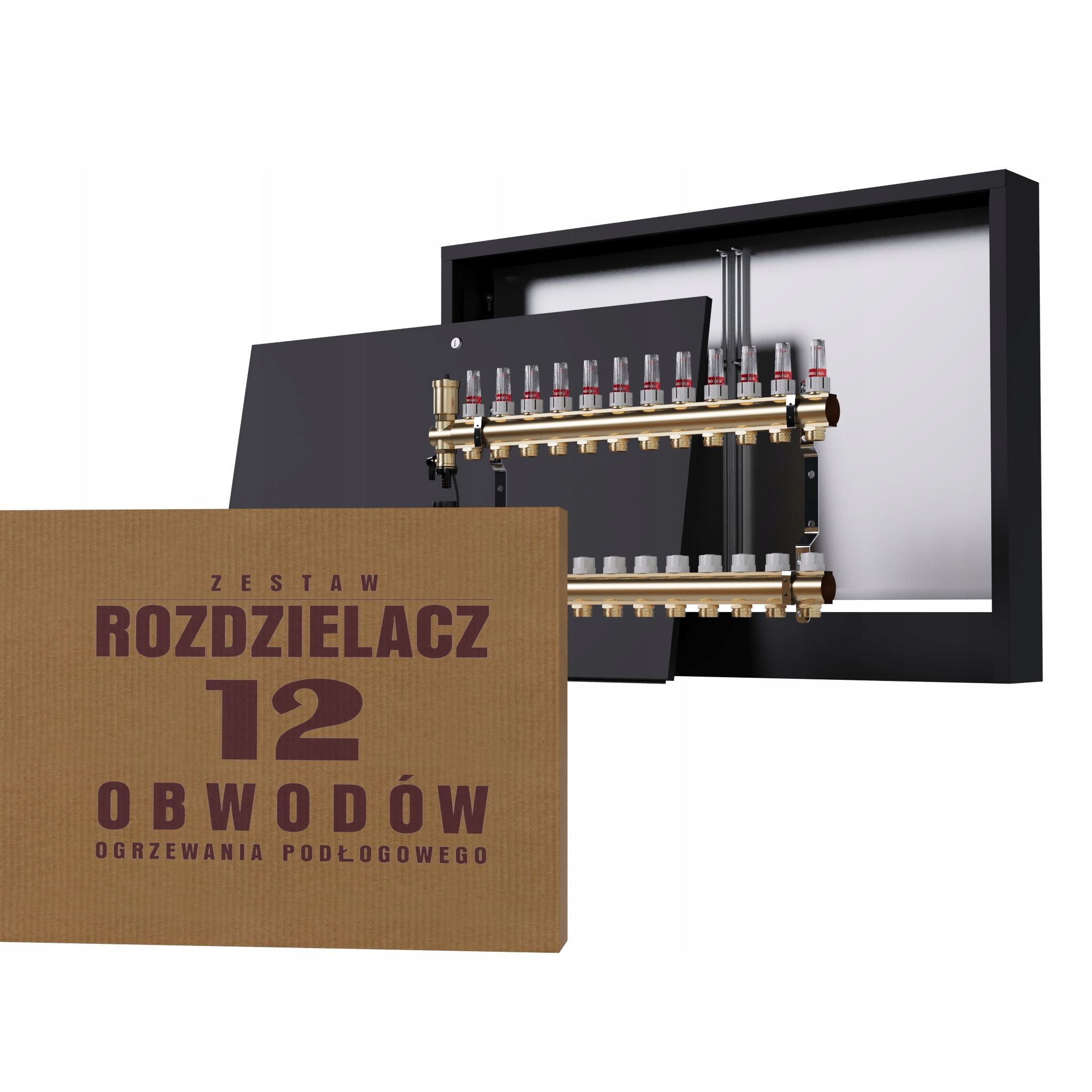 Rozdělovač pro mosaznou podlahu 12-okruhový a nástěnný box černý