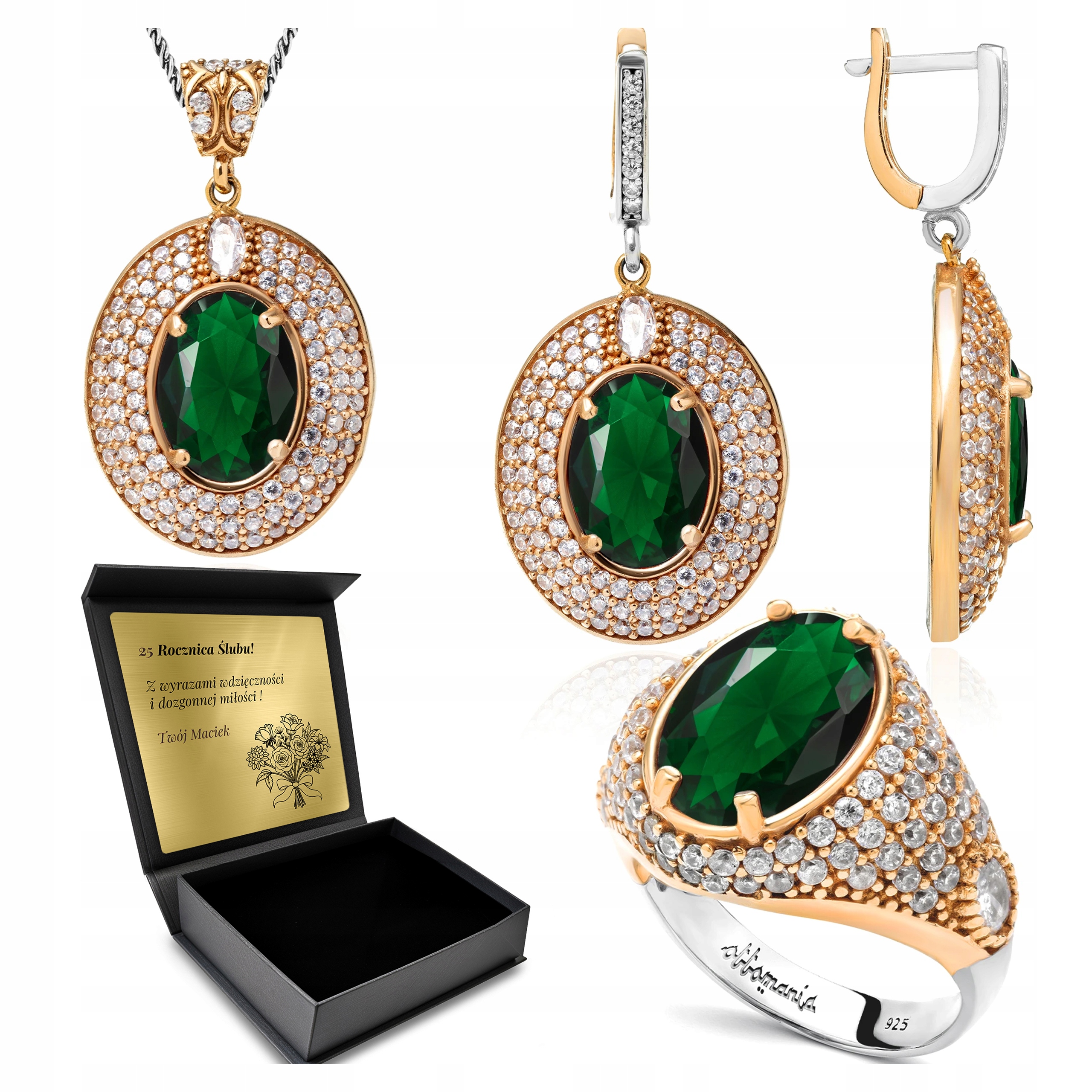 Sada Stříbrných Šperků 925 Zirkony Smaragd Sada Pro Ženu Gravírování