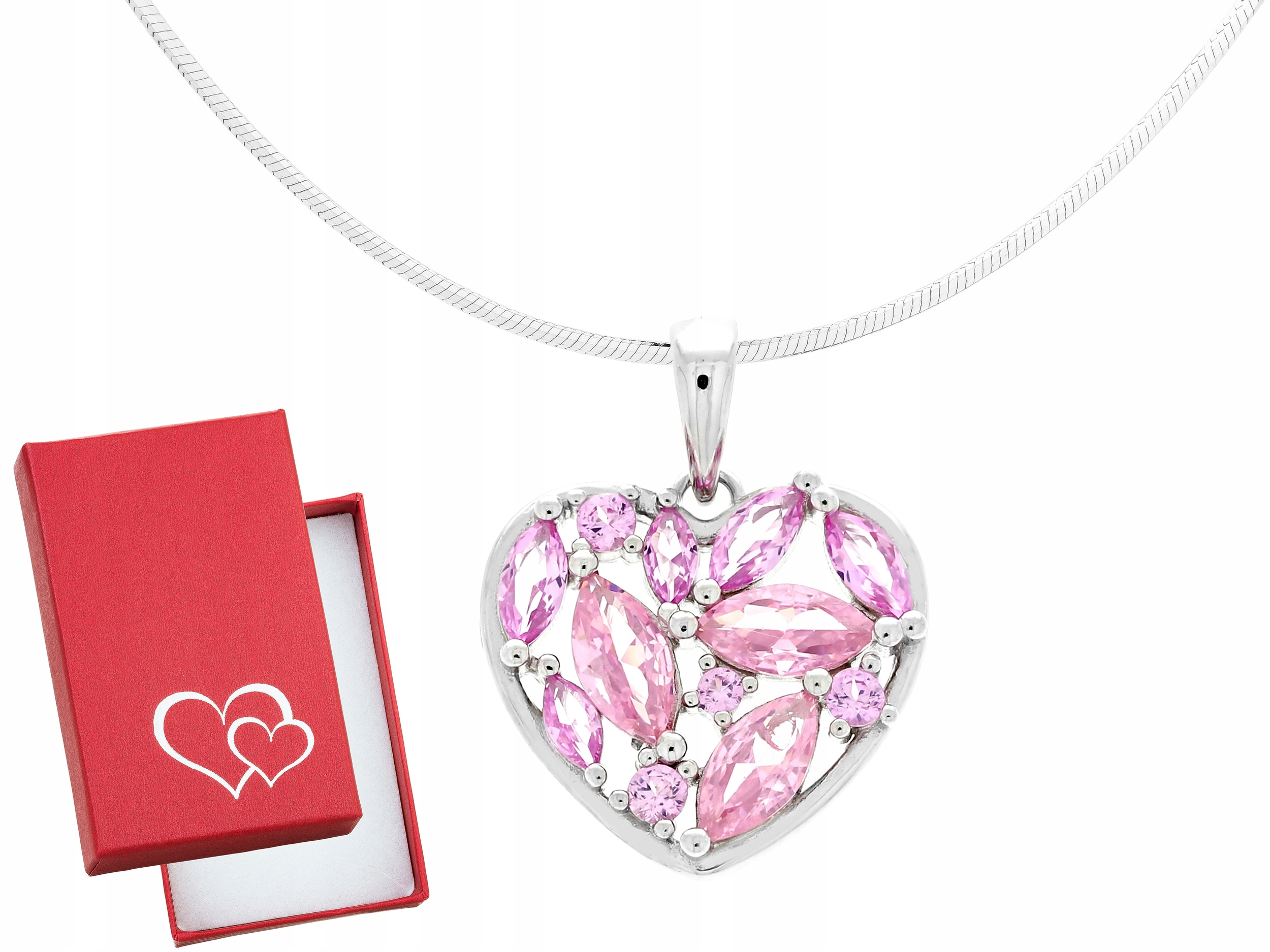 Dlouhý stříbrný dámský náhrdelník Srdce s růžovými zirkony Stříbro 60 cm