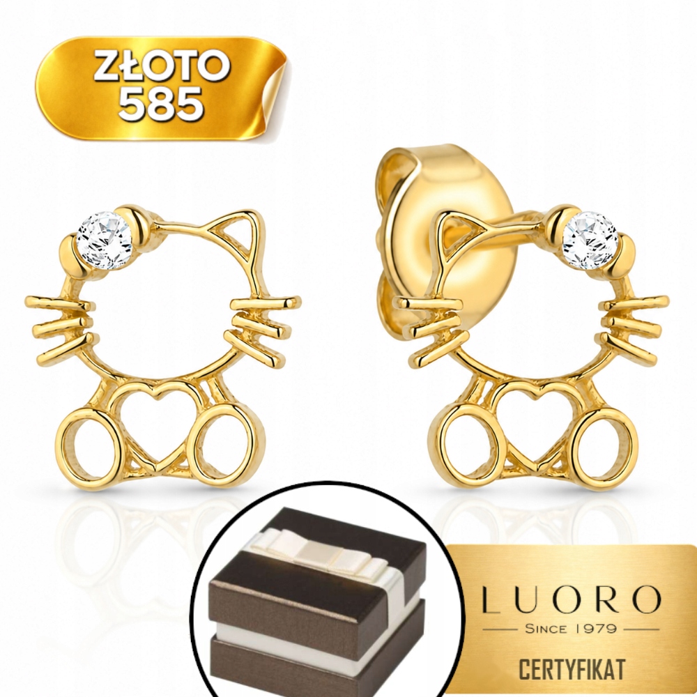 Náušnice Zlaté 585 14K Kočička Srdce Zirkon 6 MM Elegantní Tyčinka