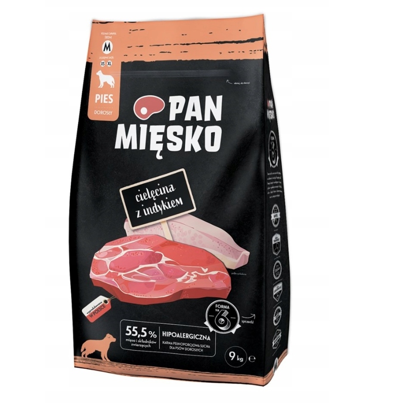 Levně Suché Krmivo pro psy Pan Mięsko s telecím a krůtím masem 9 kg Křupky velikosti M