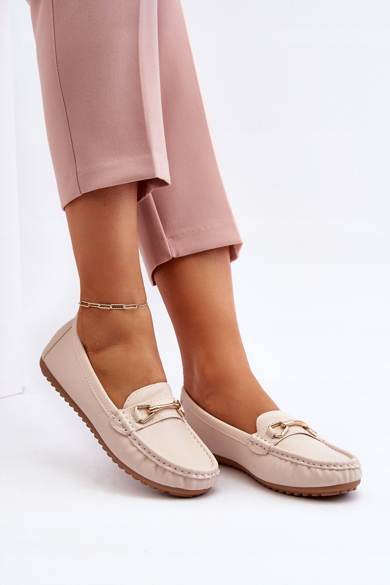 MOKASYNY DAMSKIE KLASYCZNE EKO SKÓRZANE Z OZDOBĄ BEŻOWE 38 Wzór dominujący bez wzoru