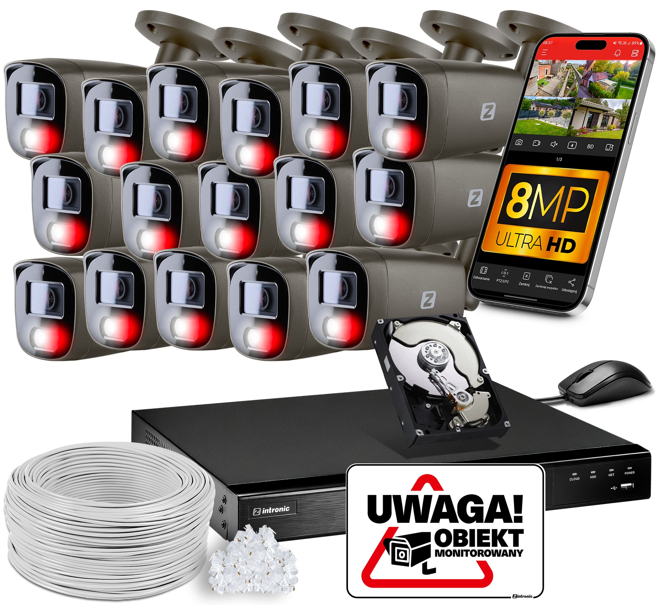 Sada Monitorování 16 kamer Poe 4K Ultra Hd 8Mpx Šedá Detekce lidí a aut