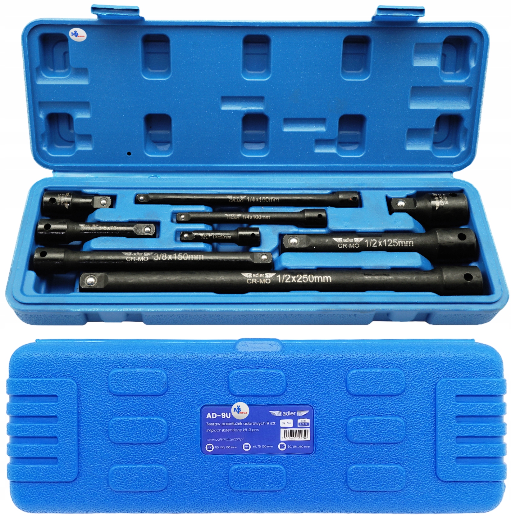 Zestaw 9 szt. przedłużek udarowych AD-9U Stal Cr-Mo Przedłużki do narzędzi