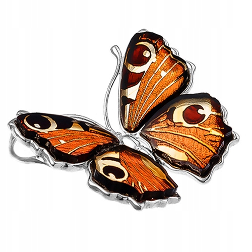 Stříbrná Brož velký motýl s gravírovaným Jantarem ze stříbra 925 Přívěsek