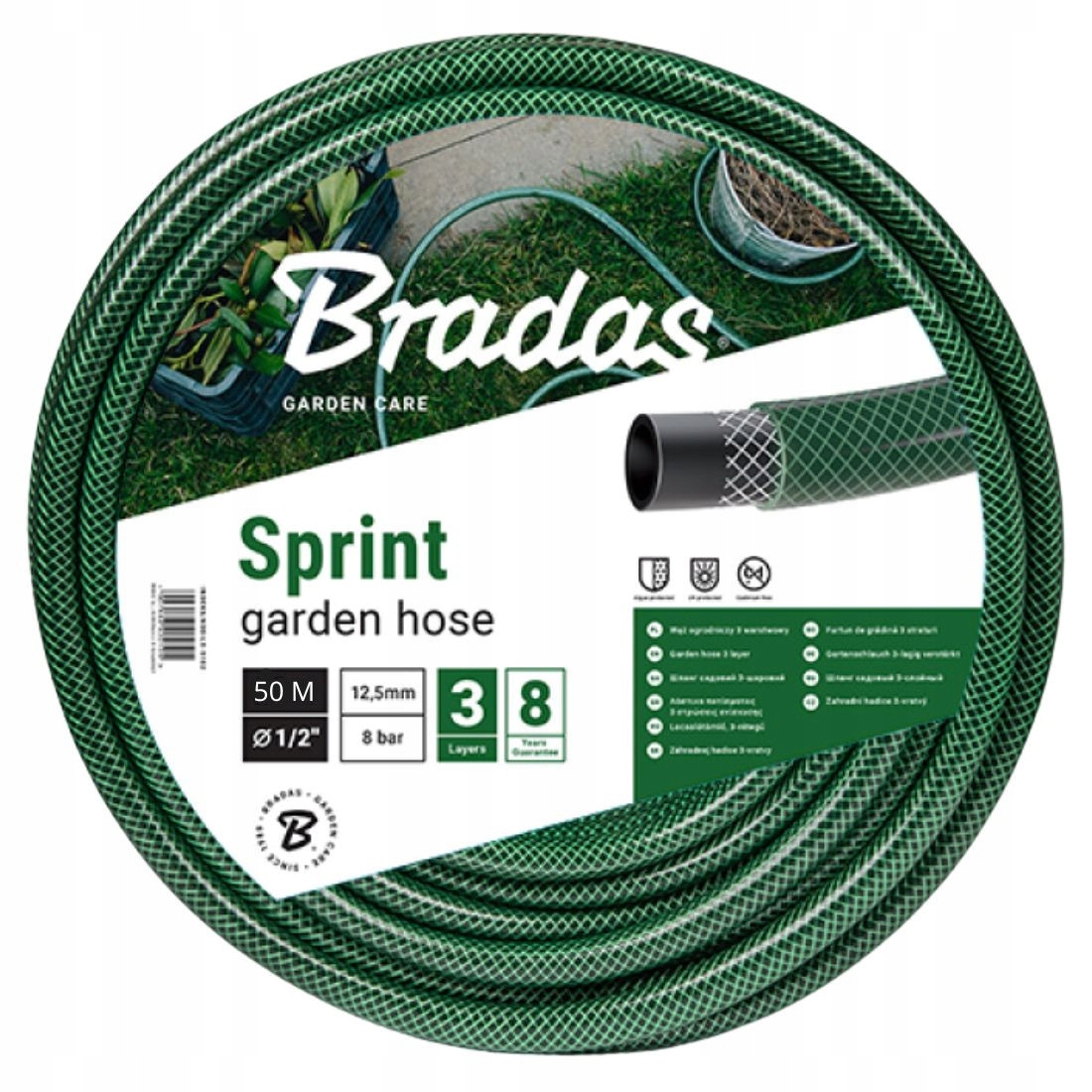 WĄŻ OGRODOWY 1/2" 50 M SPRINT ZBROJONY 3-WARSTWOWY ZIELONY PVC BRADAS