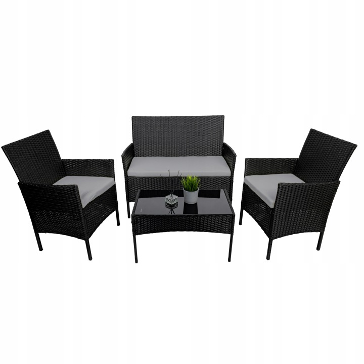 ZESTAW MEBLI OGRODOWYCH RATTAN CZARNY NA TARAS FOTELE SOFA STOLIK Kod producenta MEB-OGR-RATTAN-2F-SOFA-STOL-CZ