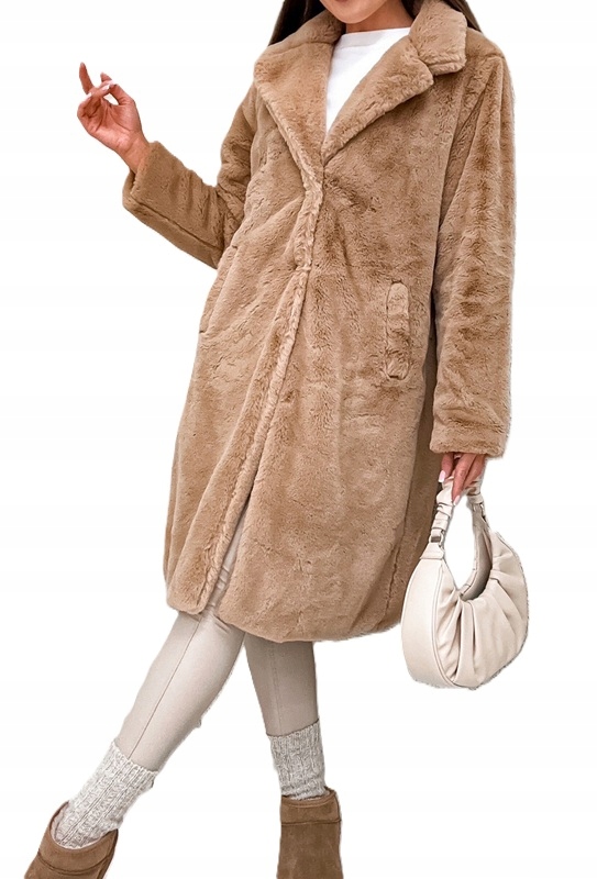 PLASZCZ DAMSKI FUTRZANY Z KIESZENIAMI CIEPŁY KLASYCZNY FASON UNIWERSALNY