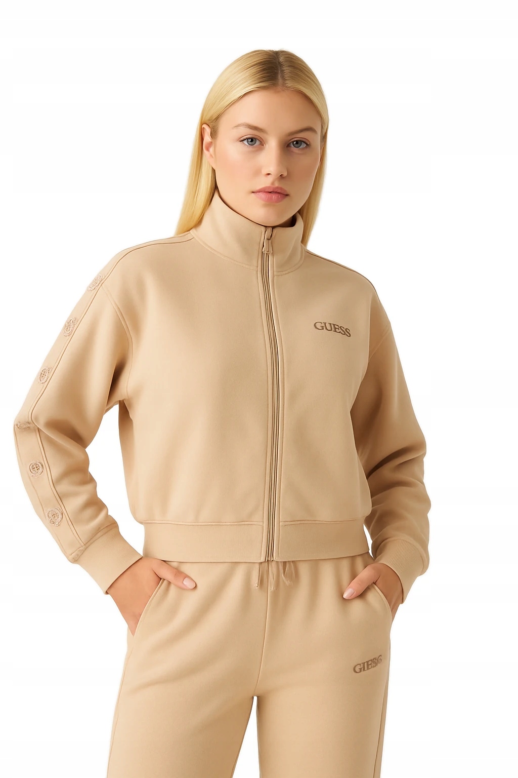 Tepláková Mikina Béžová S Rozepínacím Logem A Viskózou Golf Stojáček Guess M