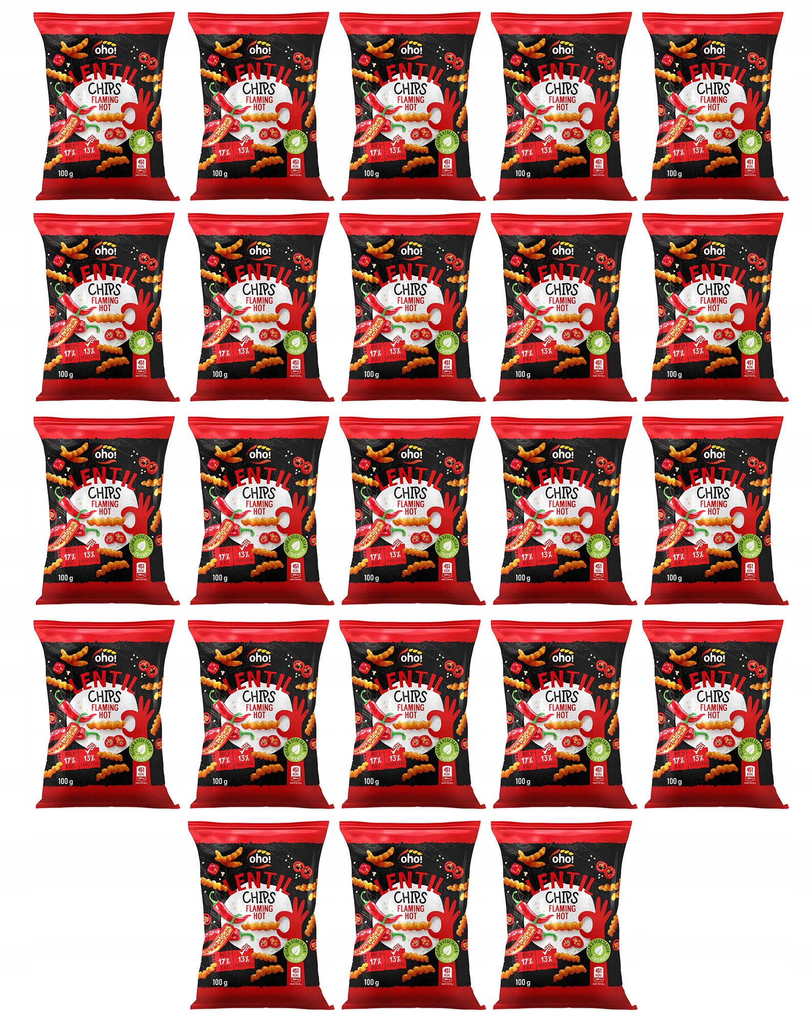 Zestaw 23 Sztuk Oho! chipsy z czerwonej soczewicy o smaku flaming hot 100g