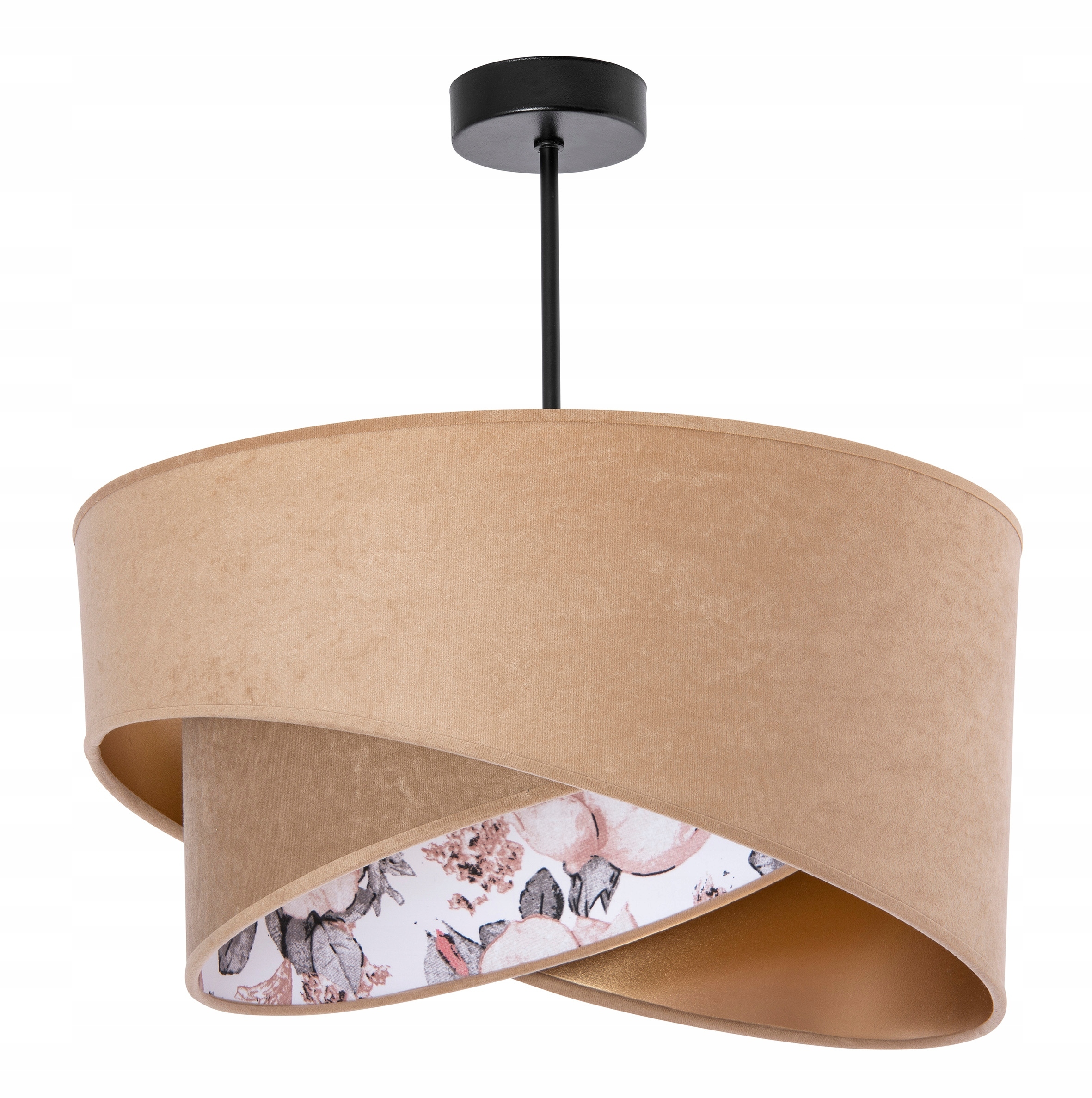 Krásná závěsná lampa, šikmé stínítko v jasných barvách, květiny do ložnice