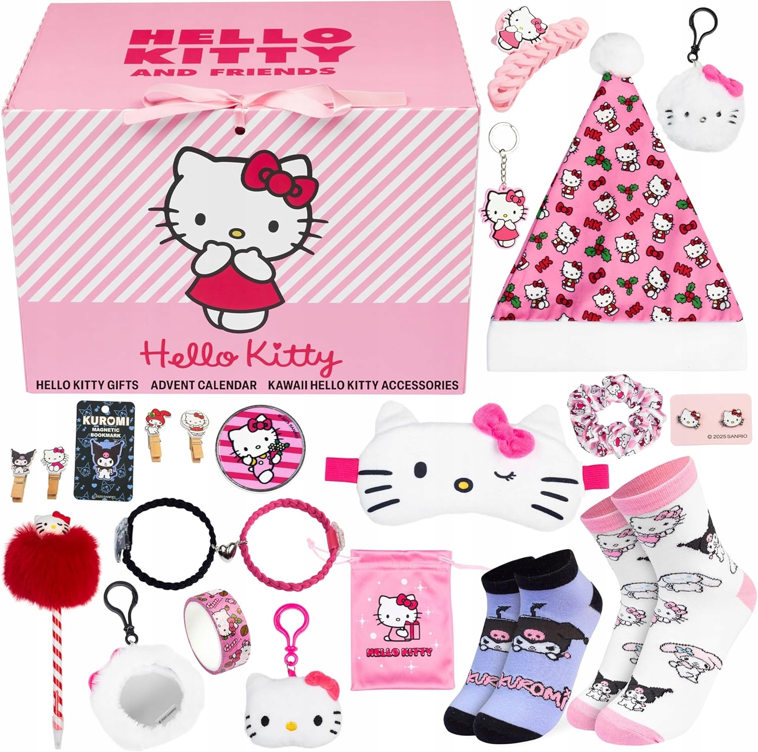 Адвент-календарь Hello Kitty 2025 для девочки, 24 сюрприза: носки, канцелярия и украшения