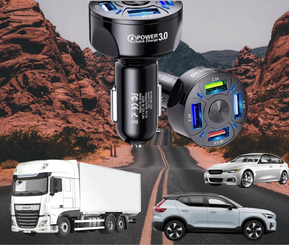 Ładowarka do AUTA 4x USB PD QC 3.0 do Telefonu + Kabel SZYBKIE ŁADOWANIE Kolor czarny