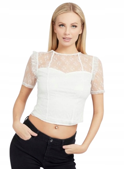 Guess Bílá Krajková Halenka S Krátkým Rukávem A Výstřihem Ve Tvaru Srdce XL Gxe