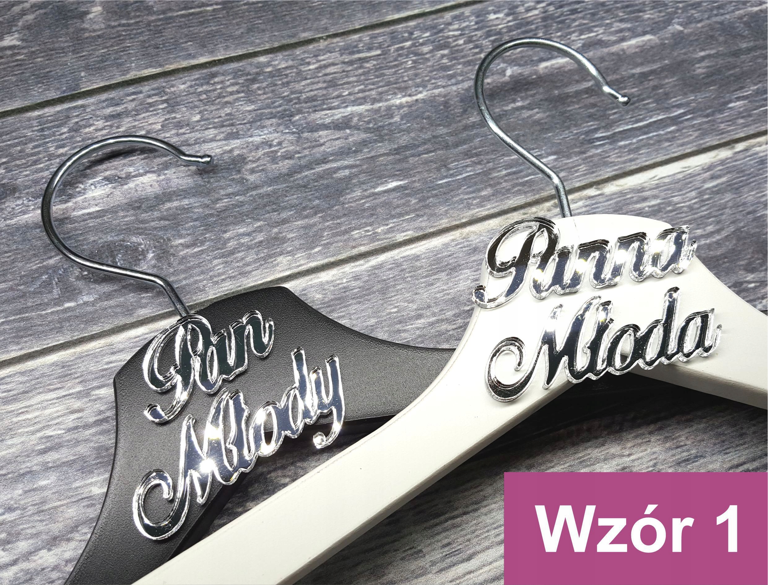 Wieszaki ślubne KOMPLET 2 szt. Mąż Żona Panna Młoda Młody SREBRNE NAPISY Marka inna