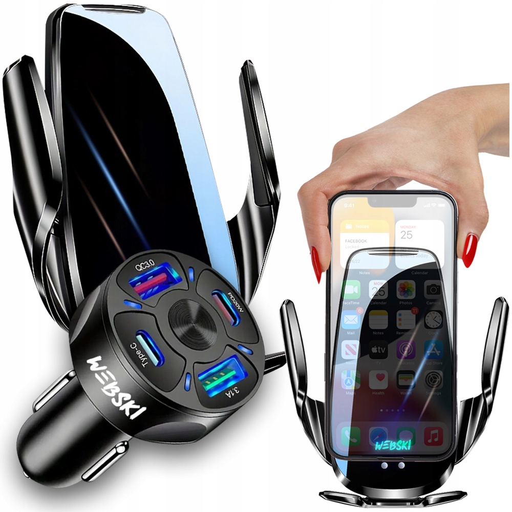 Uchwyt Samochodowy Ndukcyjny+ładowarka Do Gniazda 20W Qc 3.0 Pd