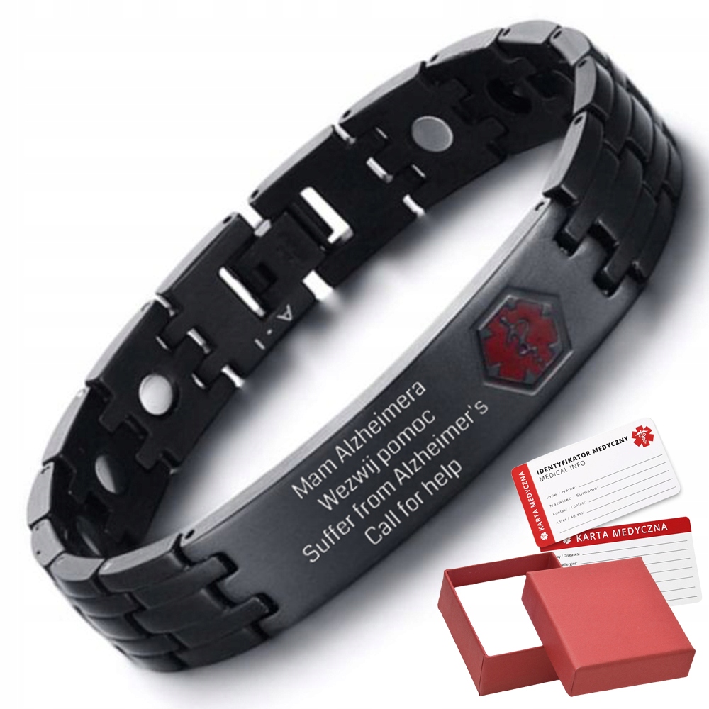 Černý náramek Lékařský Alert Magnetoterapie Alzheimer Gravírování 26 cm