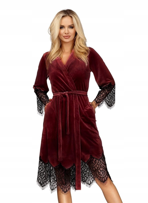 Hamana Dámský Velurový Župan S Krajkou Vínové/černé Barvy Mia New XXL/44