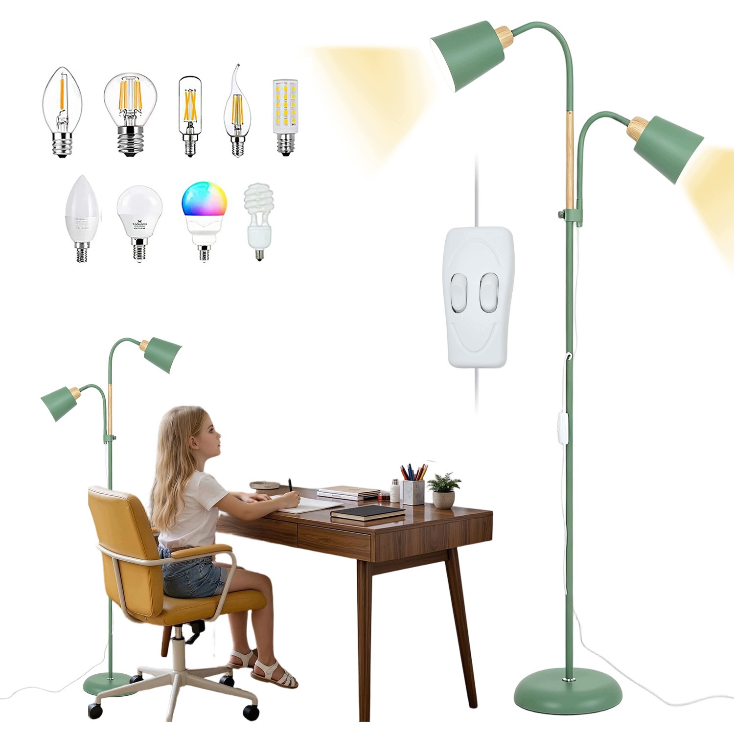 Podlahová Lampa Do Obývacího Pokoje Ložnice E27 2, Hlavice, Zelená, Kovová
