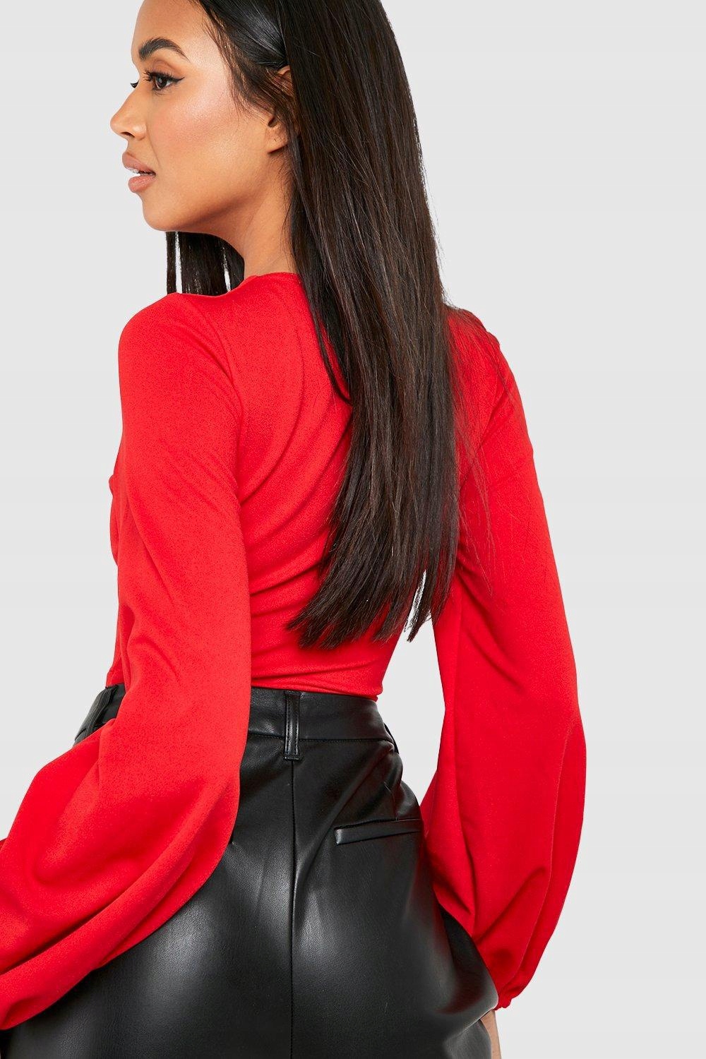 CZERWONE BODY ELEGANCKIE ZATRZASK WYCIĘCIE DŁUGI RĘKAW BOOHOO 36 Rozmiar S (36)