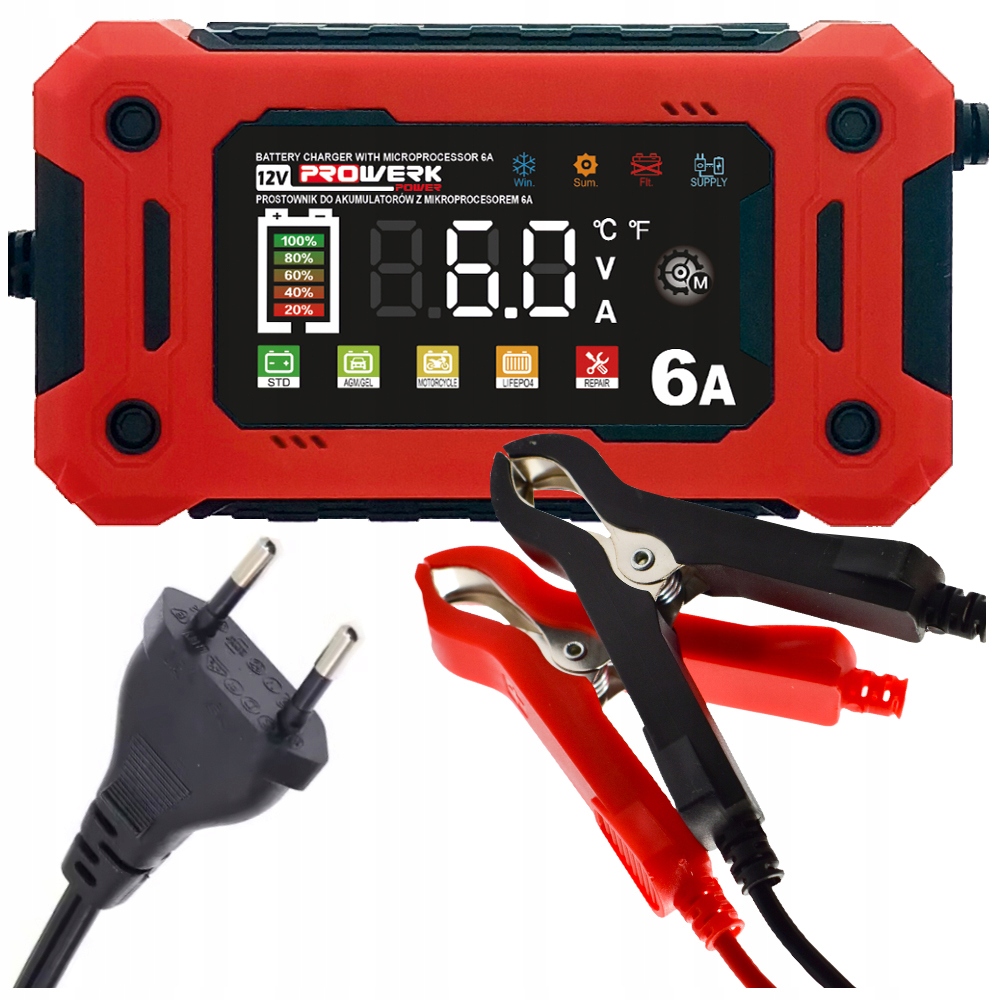 Prostownik Ładowarka Do Akumulatora LCD 12V 6A Funkcja Naprawy Automat