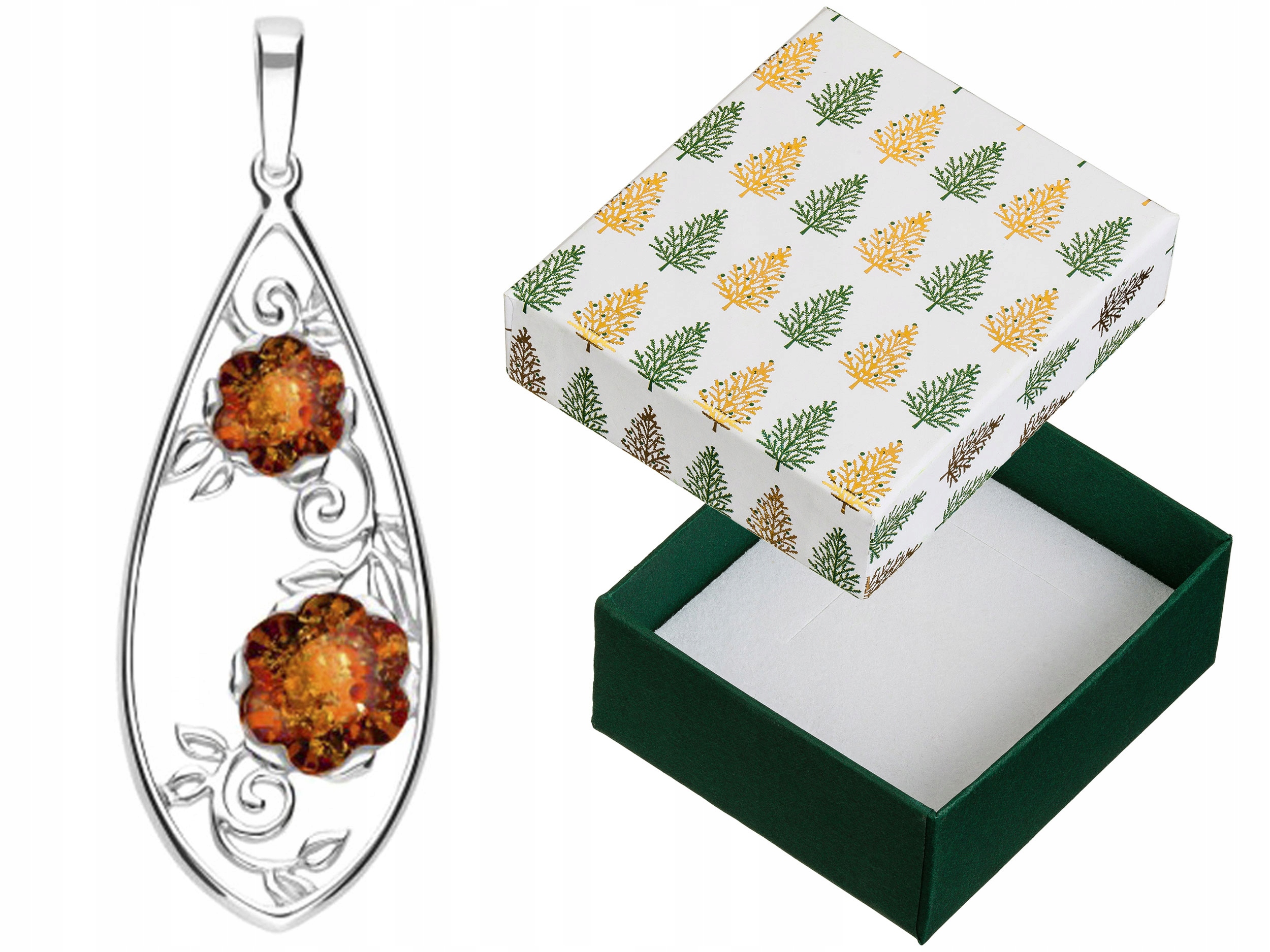 Velký stříbrný přívěsek Kapka s jantarem Ažurový přívěsek Květina