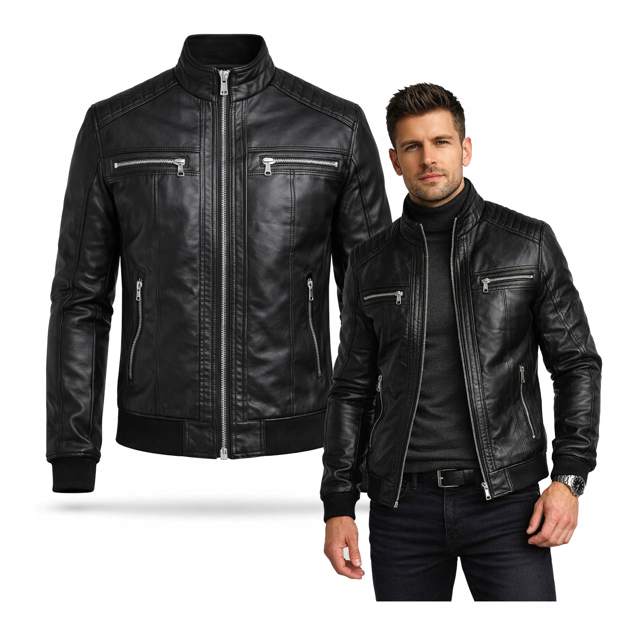 Kurtka męska skórzana z stójką kieszenie na suwak czarna jesień/wiosna XL