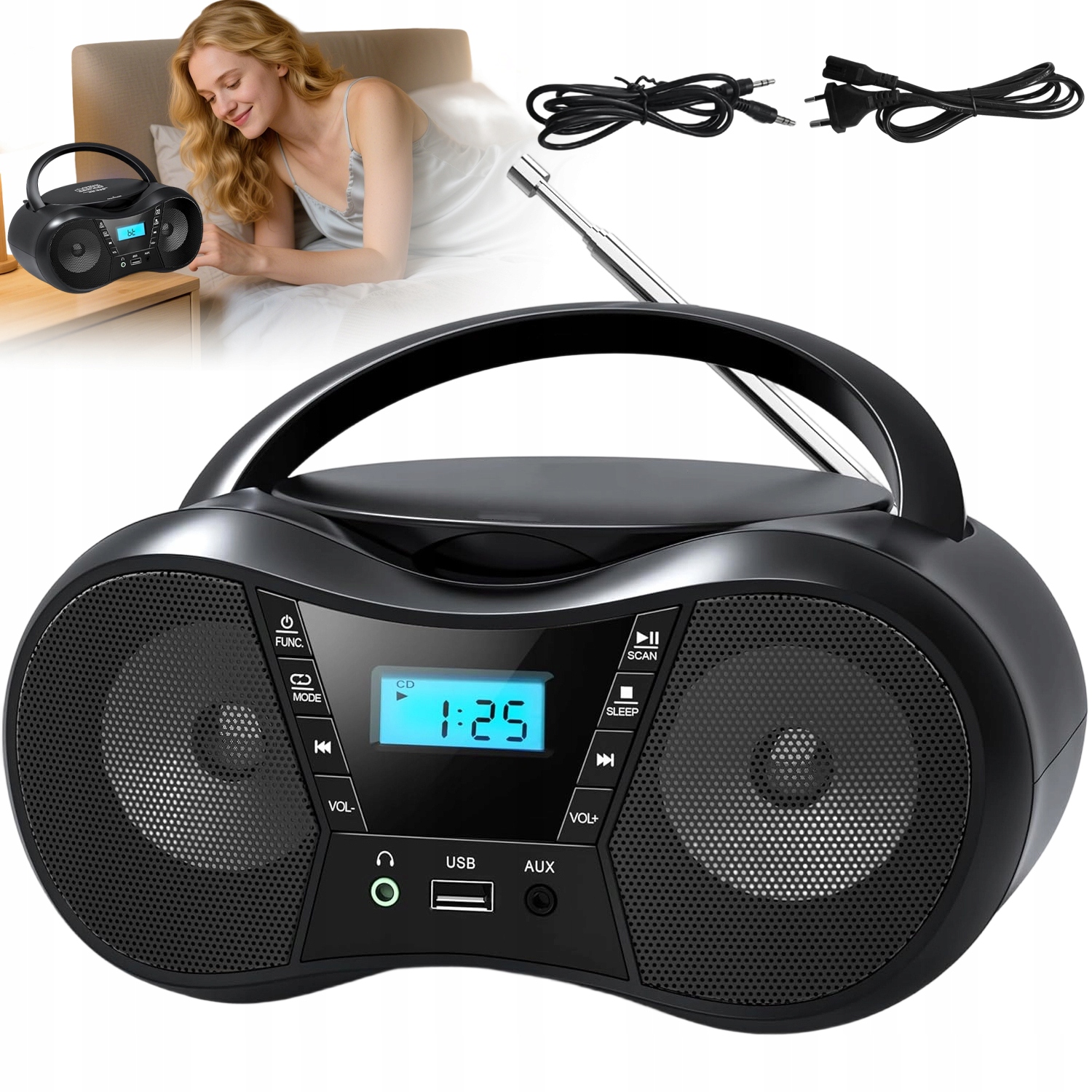 CD Přehrávač S Fm Rádiem Bluetooth 5.1 Usb Aux 3W Stereo, Černý