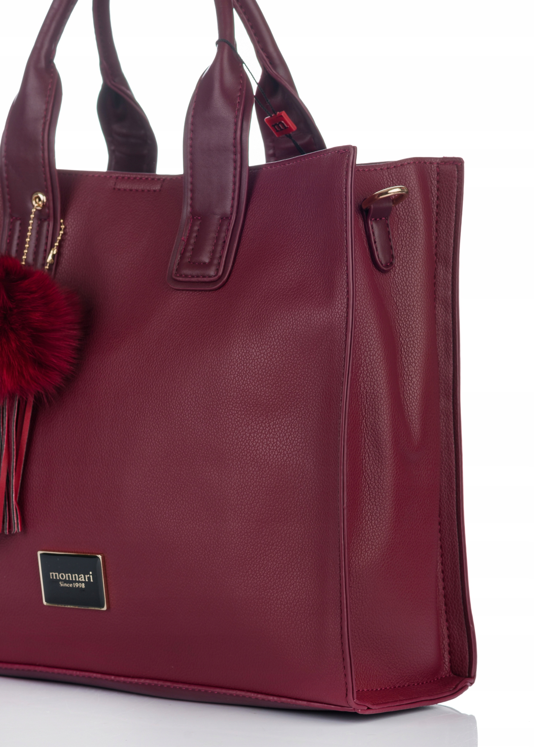 KLASYCZNA TORBA Z POMPONEM MONNARI MIEJSKA SHOPPER POJEMNA burgundowa Wzór dominujący bez wzoru