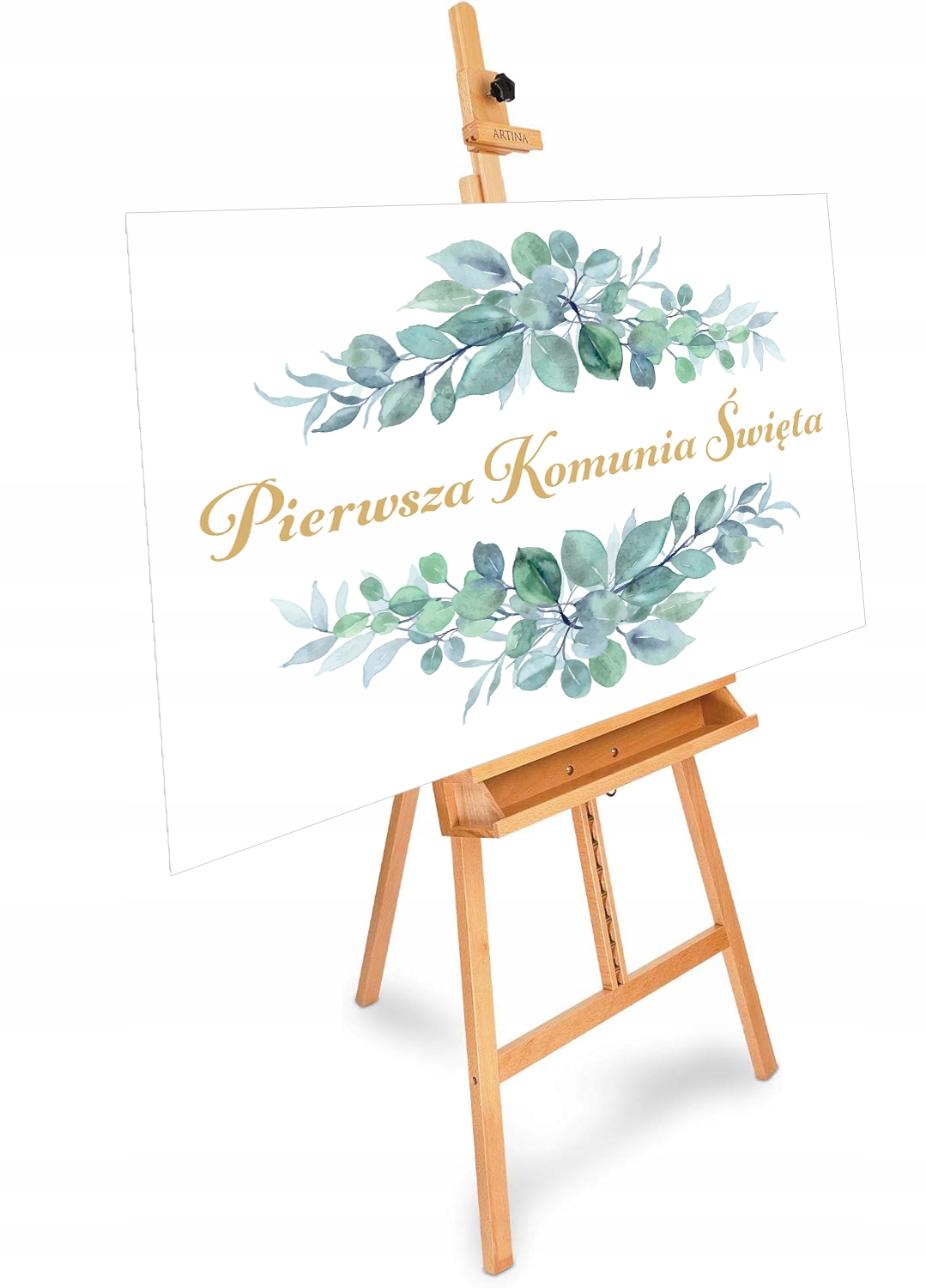 Plakat Komunijny Napis PIERWSZA KOMUNIA ŚWIĘTA Eukaliptus Boho 60x42cm Marka PartyPro