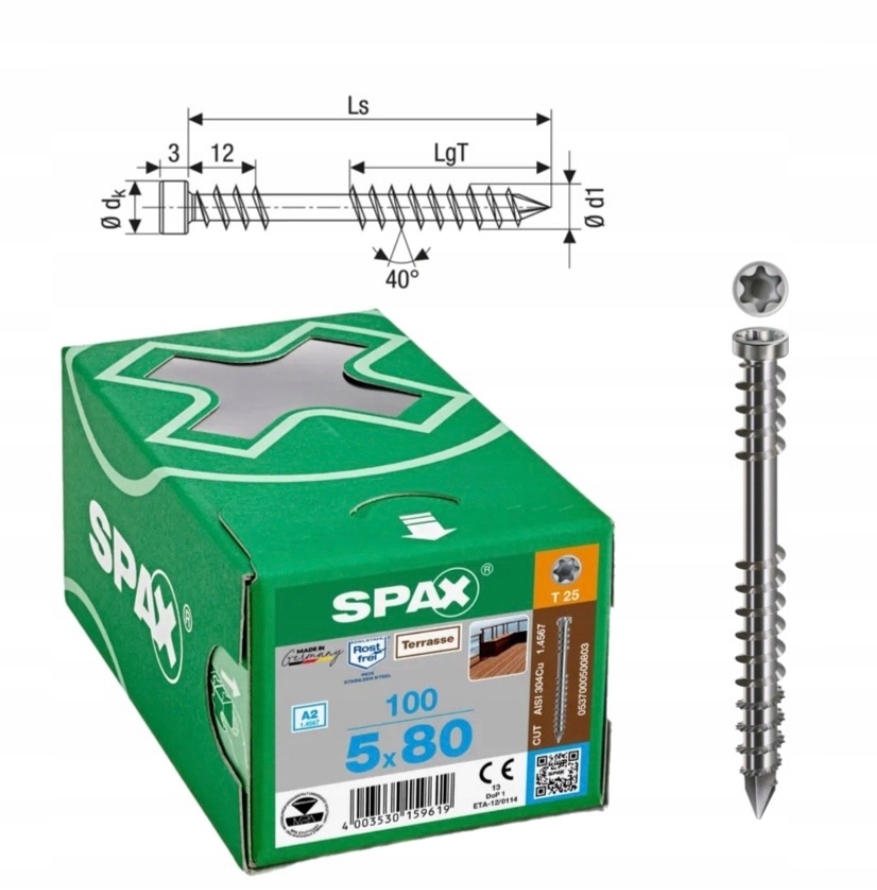 Spax Wkręty do drewna Spax-D 5 x 80 A2 Tx 100 szt