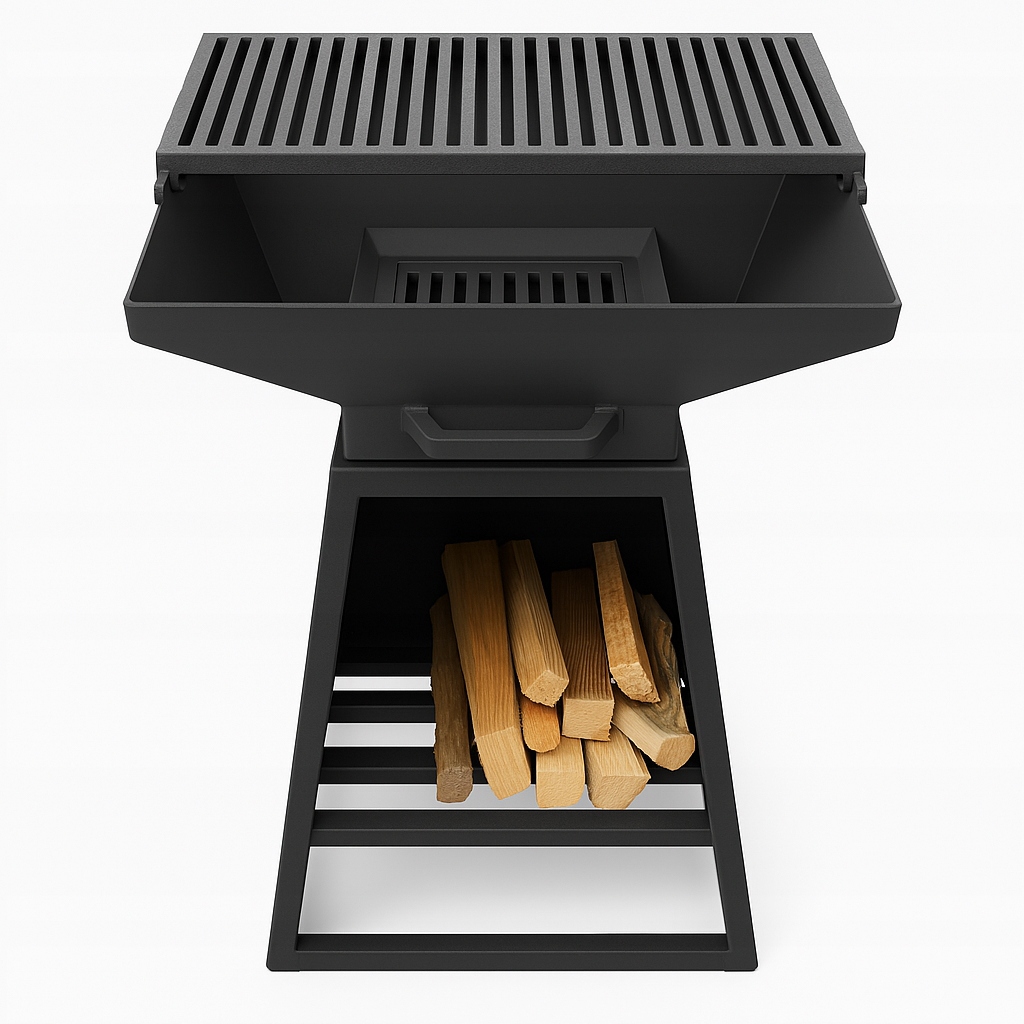 Palenisko ogrodowe wysokie z podstawą ognisko grill kociołek półka drewno