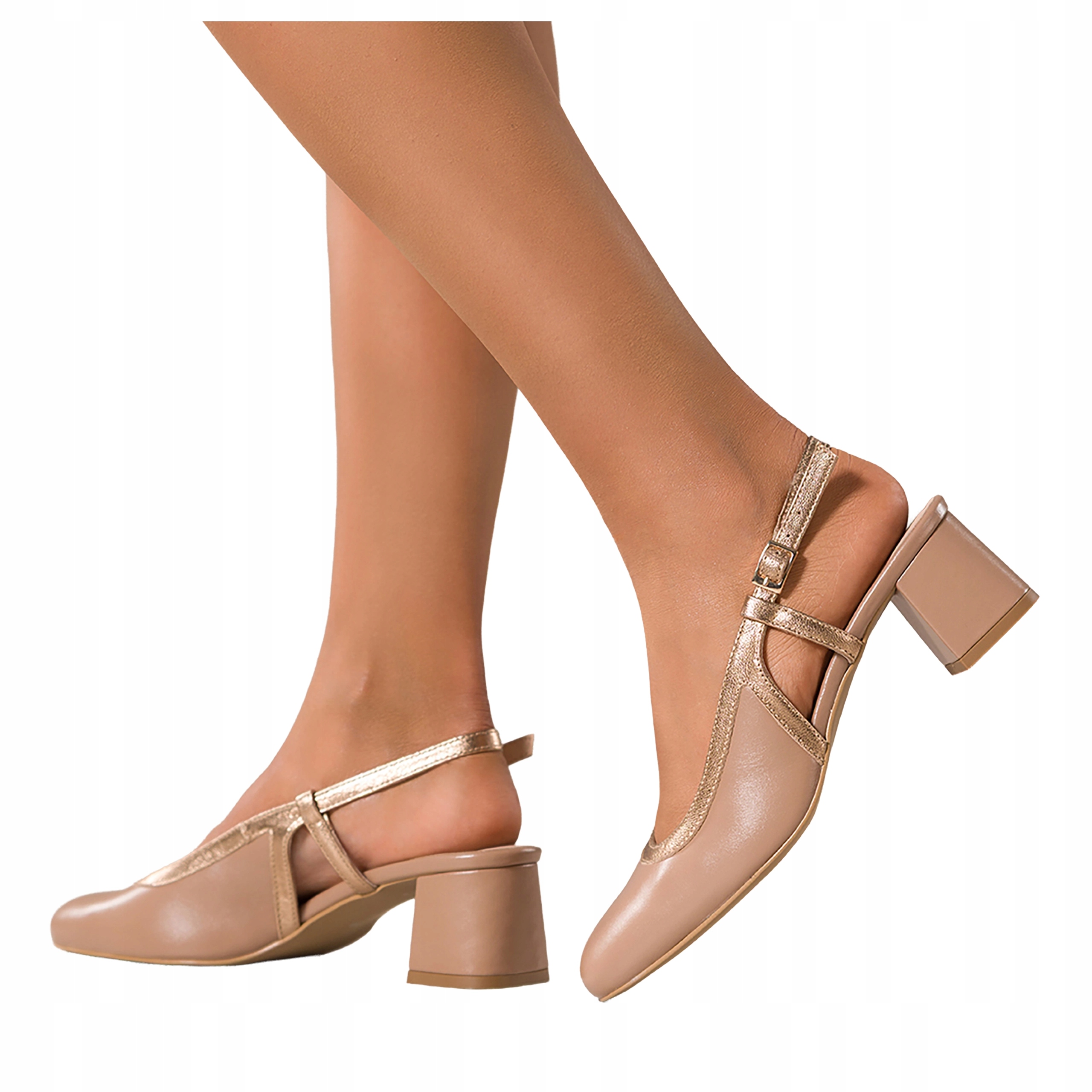 Beżowe Czółenka Damskie Odkryta Pięta Złote Wstawki Skórzane r 39
