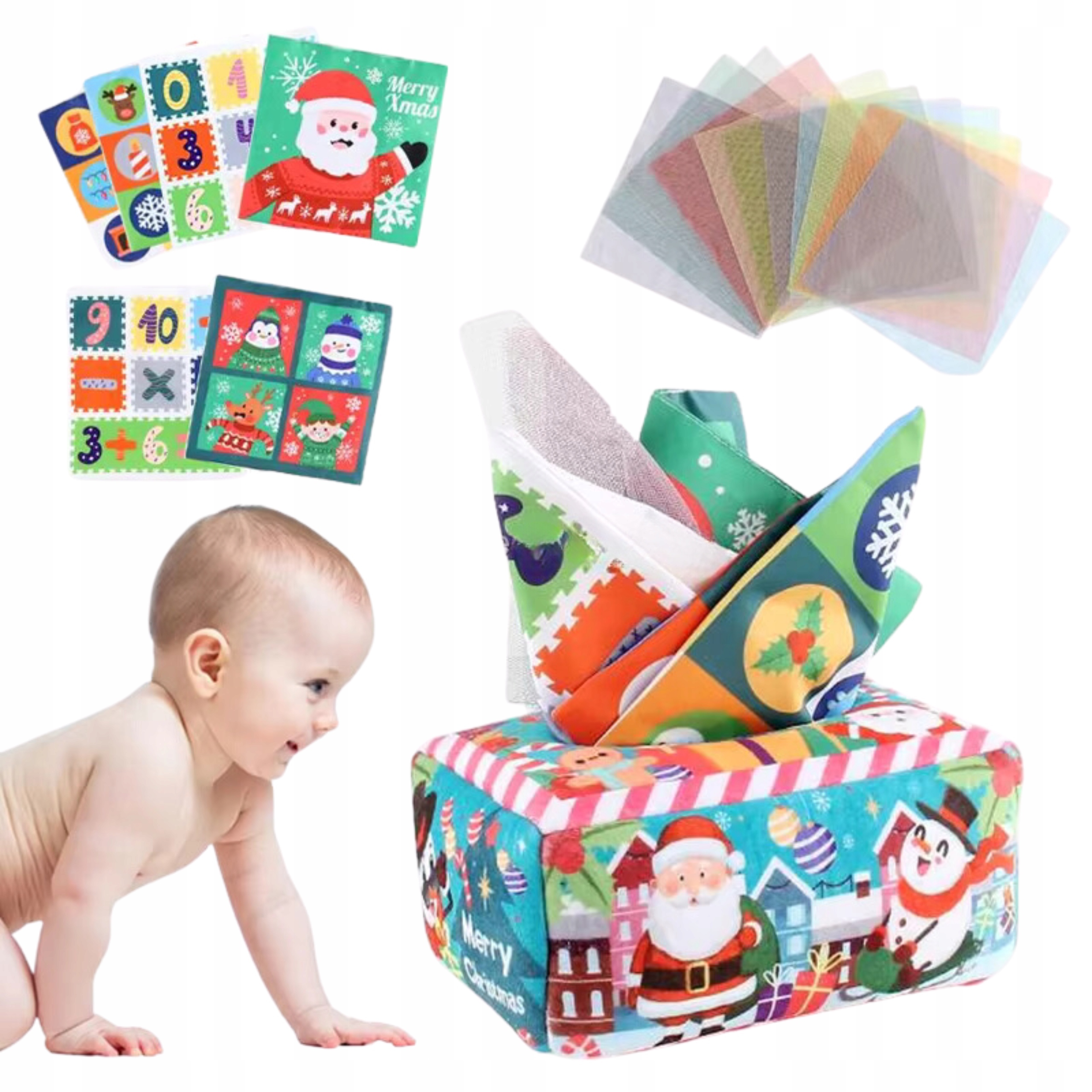 SORTER SENSORYCZNE PUDEŁKO Z CHUSTECZKAMI PLUSZOWE MONTESSORI ŚWIĄTECZNE Wiek dziecka 0 +