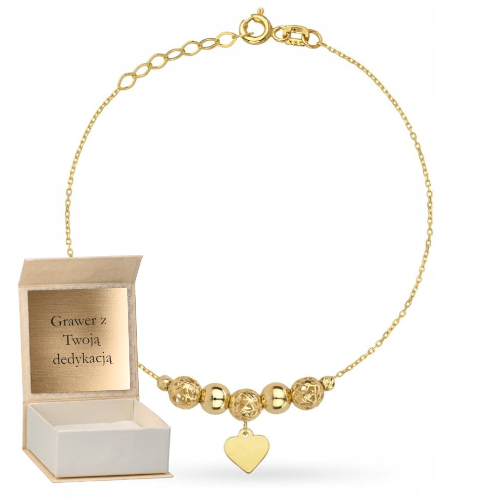 Zlatý náramek Ažurové kuličky a srdce Zlato ryzost 585 Regulovatelné Gravírování