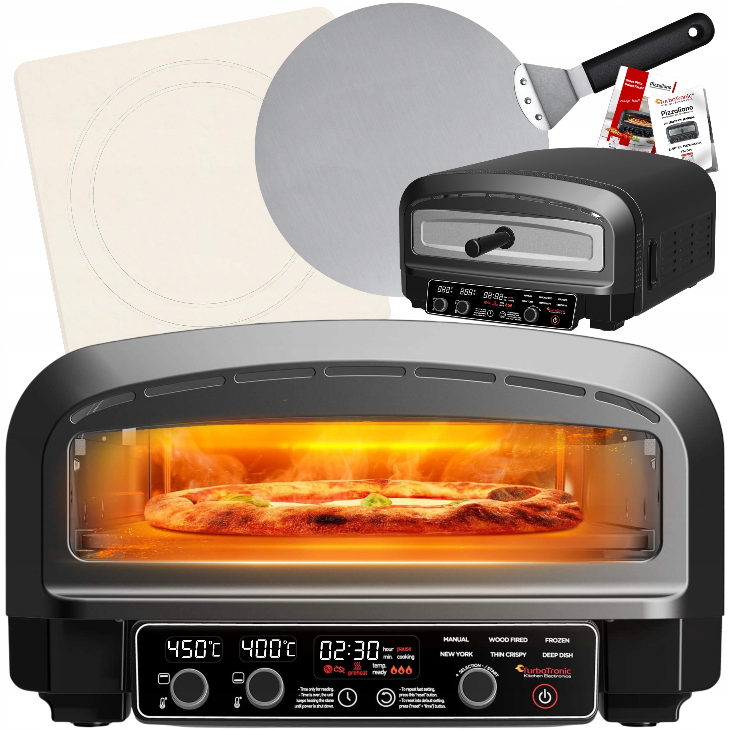 Elektrická pec na pizzu 2200 W 450 °C so šamotovým kameňom 37 cm s lopatou