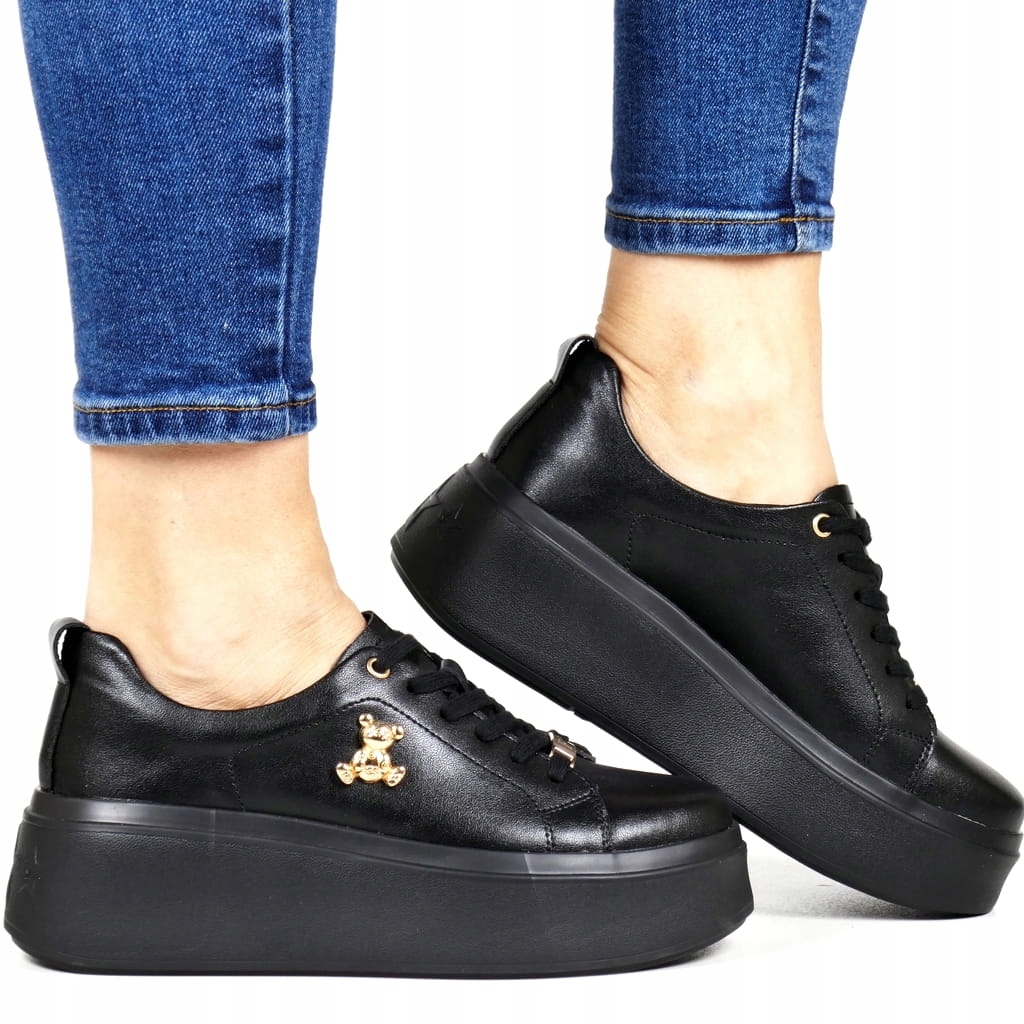 Dámské Kožené Tenisky Na Podpatku A Platformě, Černé Tenisky S Medvídkem