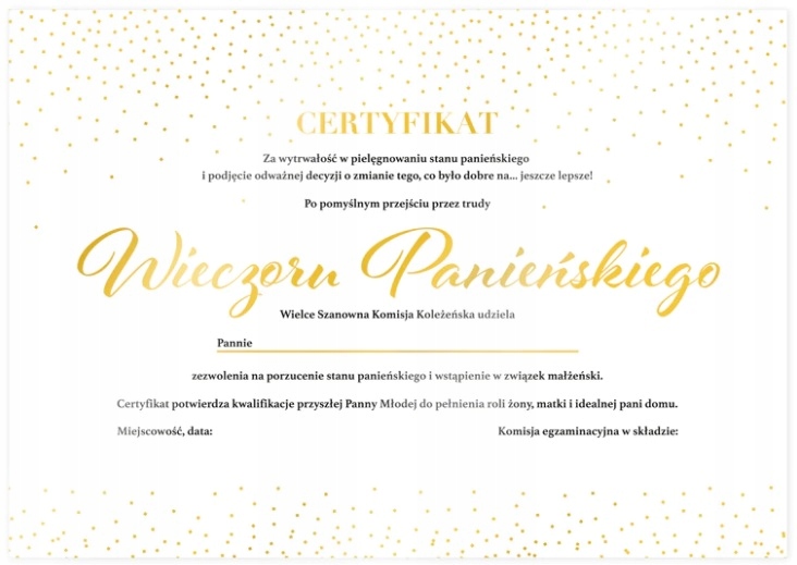 

Certyfikat Przyszła Panna Młoda Złoty W. Panieński