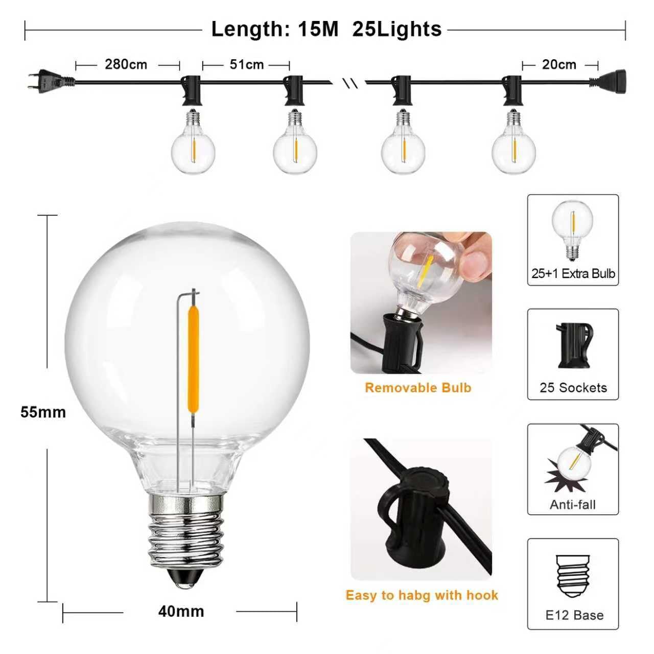 WWEIXUN2020 LED Girlanda Zewnętrzna 50FT G40 26 Żarówek IP44 Dimmable Ogród — miniatura 2