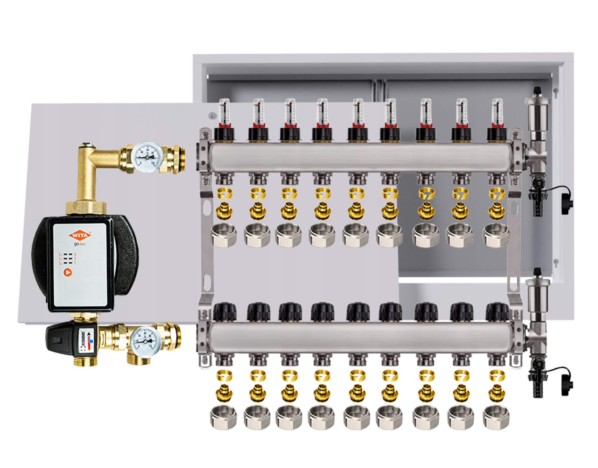 Rozdělovač pro podlahu nerezový 9 okruhů s čerpadlem Wita box +pex