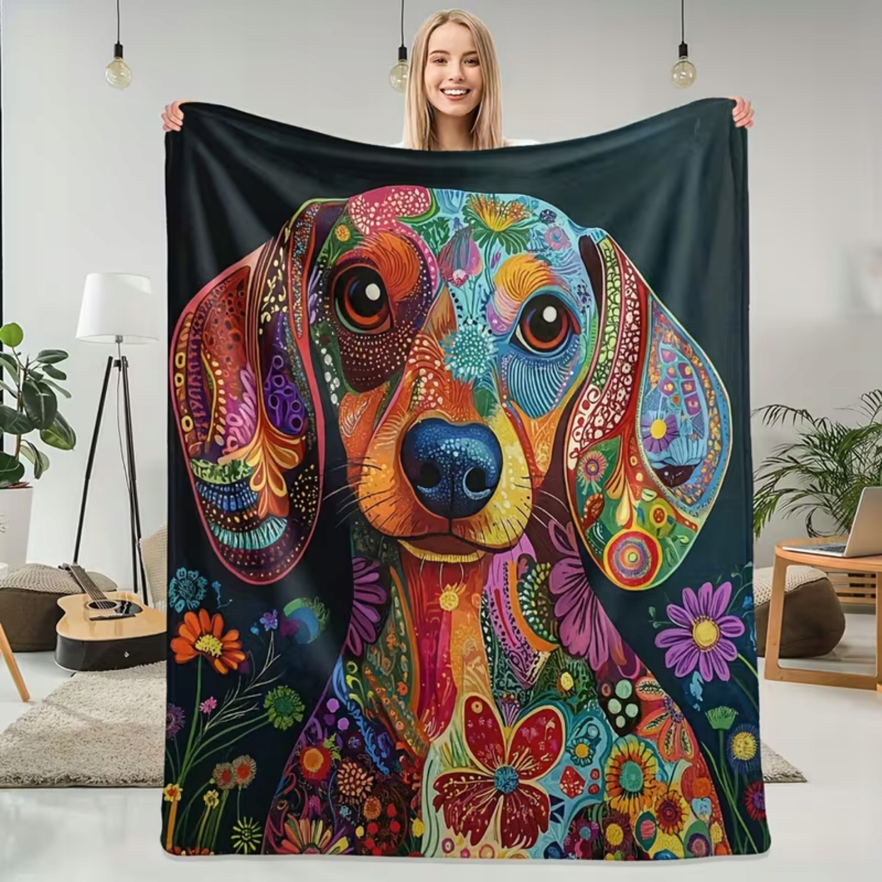Deka pro psy pejsci zlatá jezevčík Pop Art beagle jako patchwork 150x200 cm