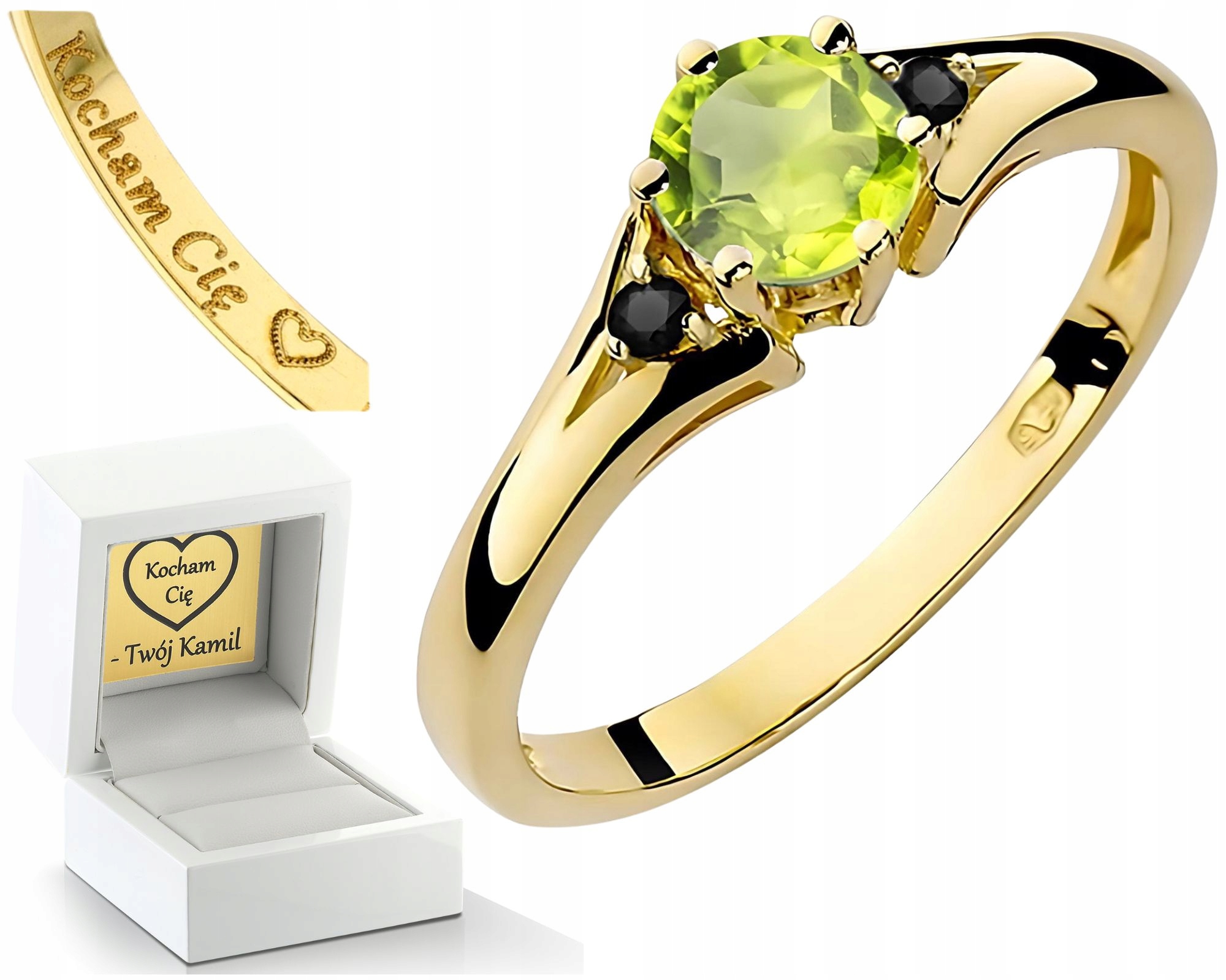 Prstýnek Prsten S Peridinem A Černými Diamanty, Gravírování Dárek 585