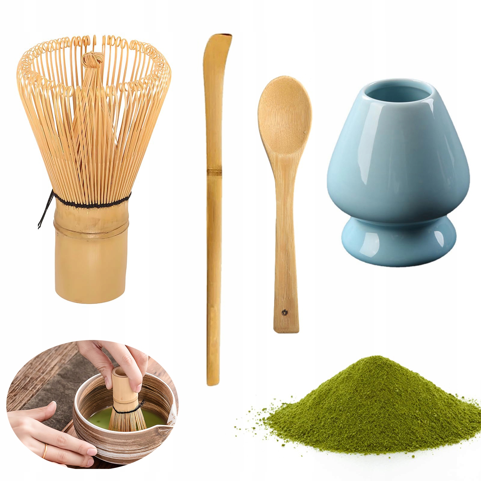 Bambusová metlička na matcha 4 Kusů Chasen Lžička Chashaku Stojánek
