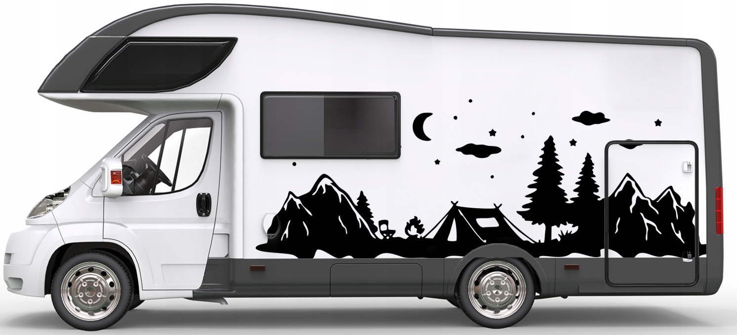 NAKLEJKA Grafika na kamper przyczepę CAMPING NAMIOT GWIAZDY GÓRY 90x247 Długość (cm) 247 cm