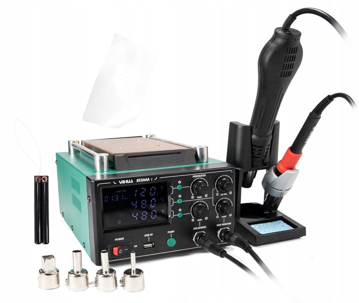 Stacja lutownicza Bga hot air+podgrzewacz+kolbowa 3w1 1240W Yihua 853AAA-I
