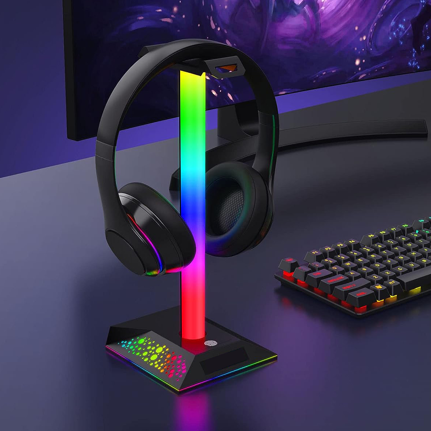 STOJAK NA SŁUCHAWKI RGB 10 TRYB OŚWIETLENIA 1 PORT AUDIO 3,5 MM 2 PORT USB Kolor dominujący czarny