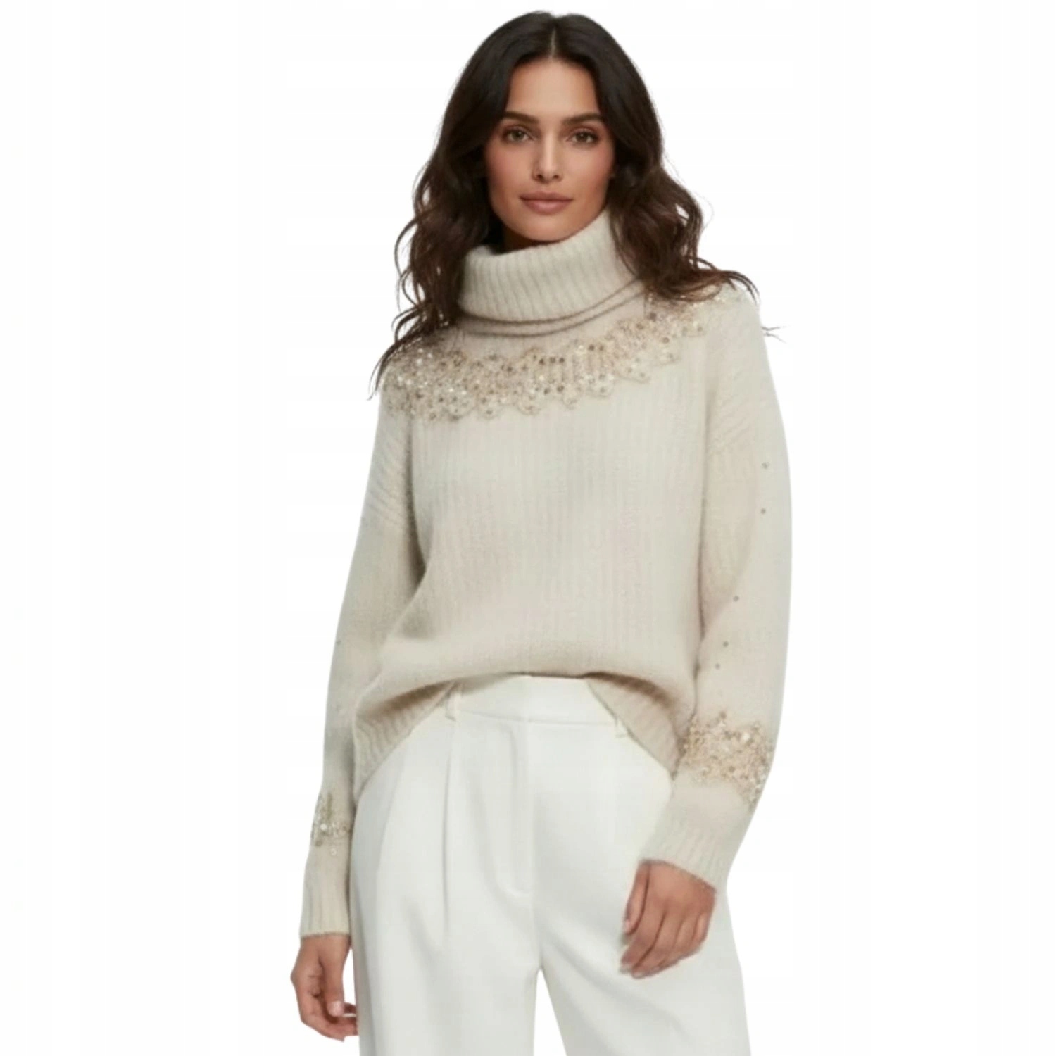 Dámský svetr s rolákem Zara elegantní vlněný teplý s flitry ecru vel. S